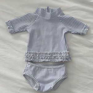 Ruffle Butts Blue and White Striped Rashguard Set